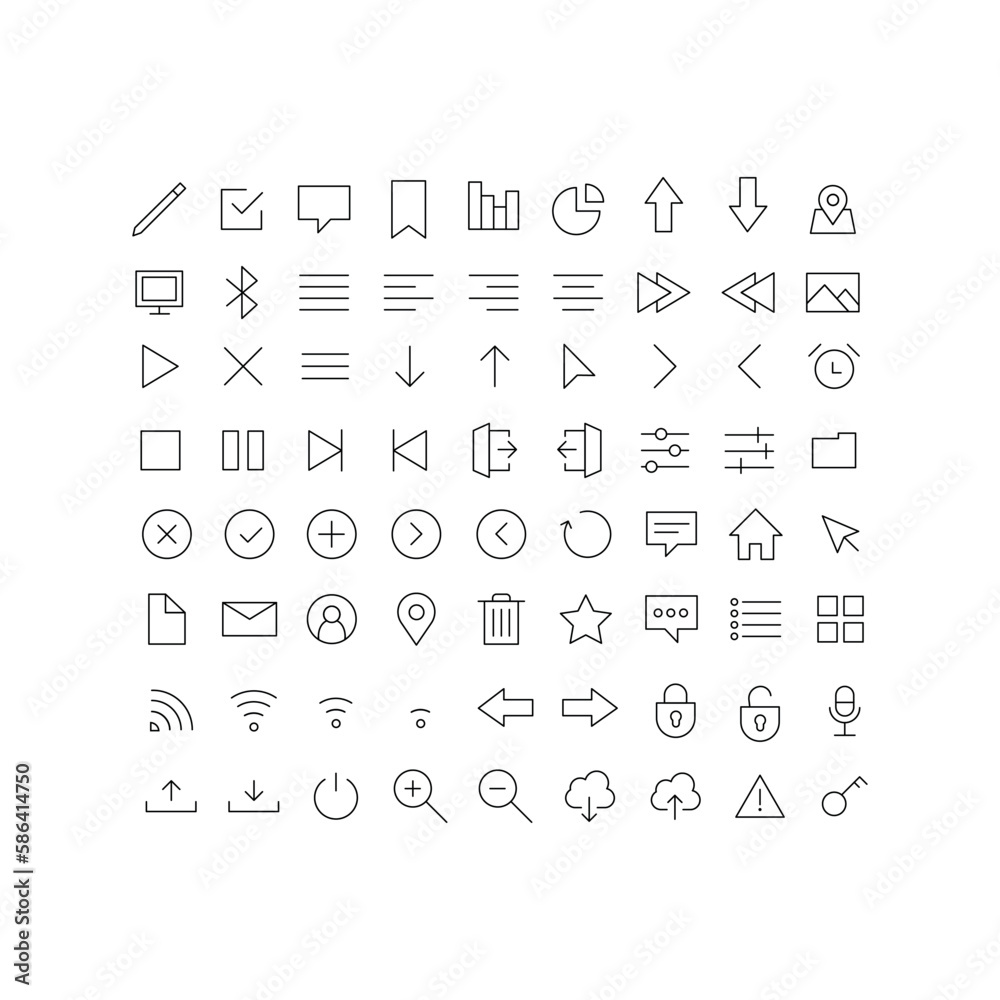Set of Media and Web icons in line style. Vector illustration. UI UX interface icons. User, profile, message, document file, social media, button, home, chat, arrow, collection. Set of Media and Web icons in line style. Vector illustration. UI UX interface icons. User, profile, message, document file, social media, button, home, chat, arrow, collection.