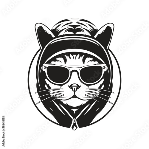 cool cat wearing eyeglasses and hoodie, vector concept digital art, hand drawn illustration