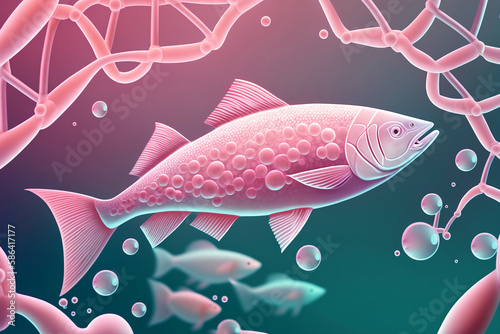 Salmon fish with DNA shape background made with Generative AI photo