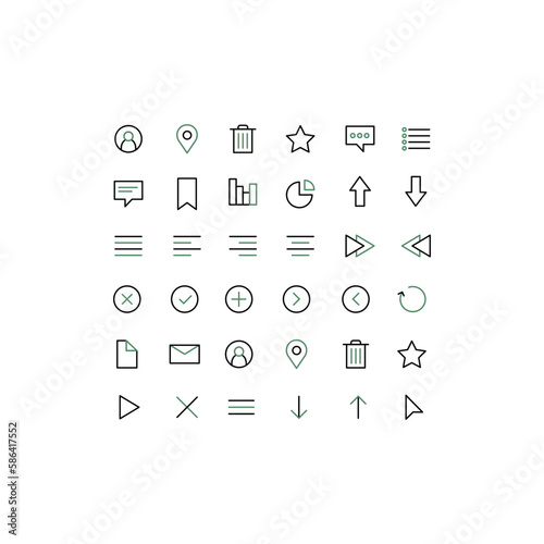Set of Media and Web icons in line style. Vector illustration. UI UX interface icons. User, profile, message, document file, social media, button, home, chat, arrow, collection.