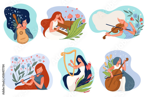 Women playing string and wind instruments vector