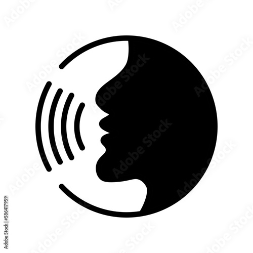 Voice recognition concept. Voice control black line icon.Speaking icon vector. Talk person sign or symbol , man with open mouth and sound wave , Voice command, Voice recognition, speech icon.