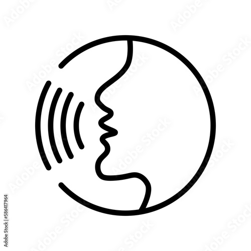 Voice recognition concept. Voice control black line icon.Speaking icon vector. Talk person sign or symbol , man with open mouth and sound wave , Voice command, Voice recognition, speech icon.