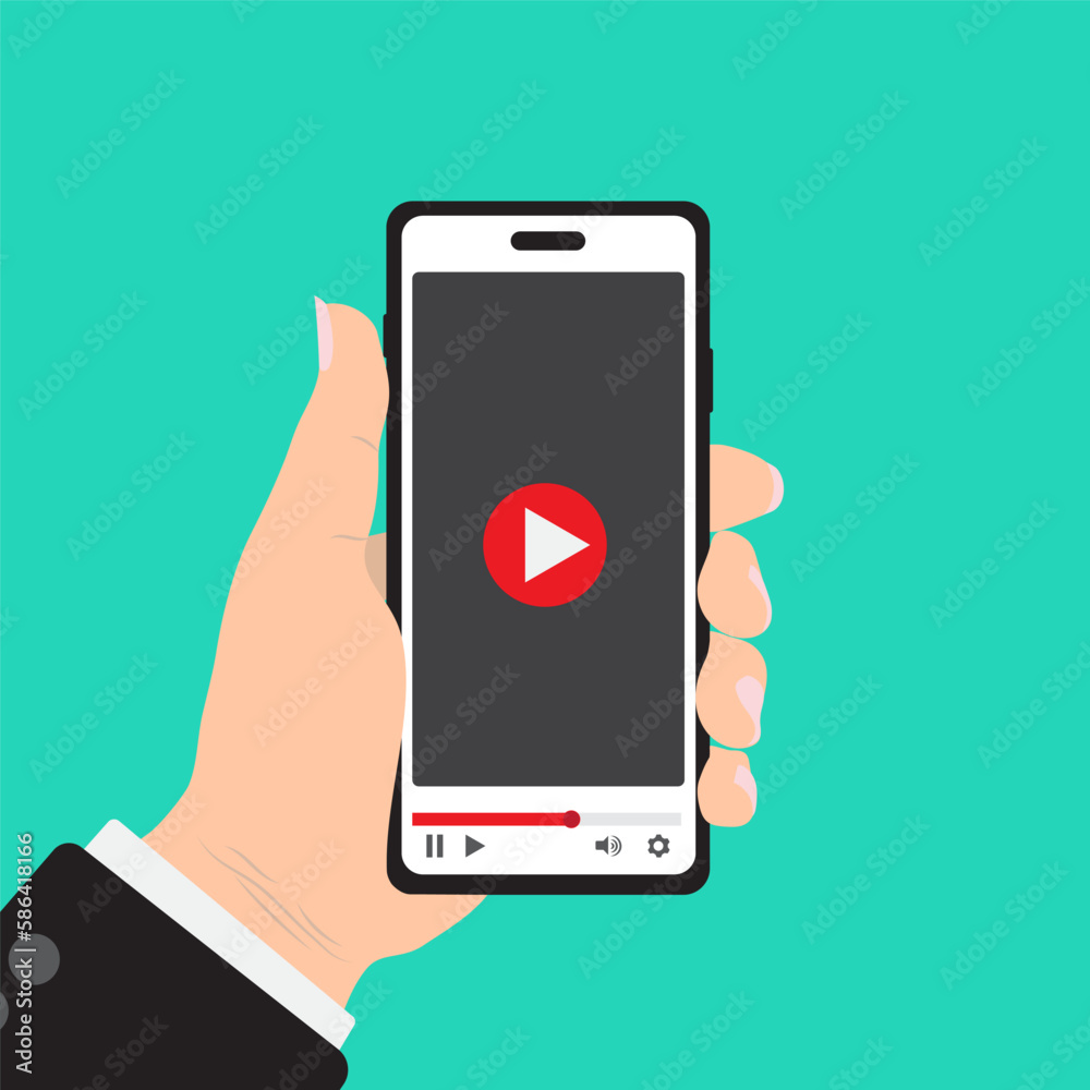 Flat Design style Human hand holding Smartphone with online media player app on screen, vector design Element illustration isolate on green background. Flat Design style Human hand holding Smartphone with online media player app on screen, vector design Element illustration isolate on green background.