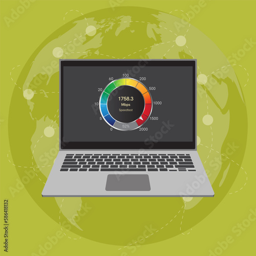 Laptop icon with internet connection speed test on the screen. Internet download speed test on web page. Speed test and network performance information. Signal quality. Vector illustration.