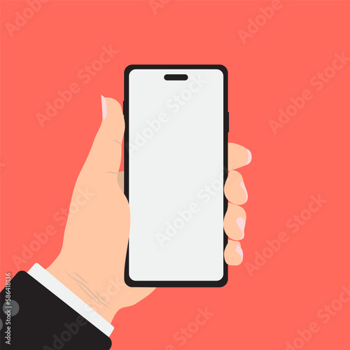 Hand holding smart phone on orange background. Flat design.