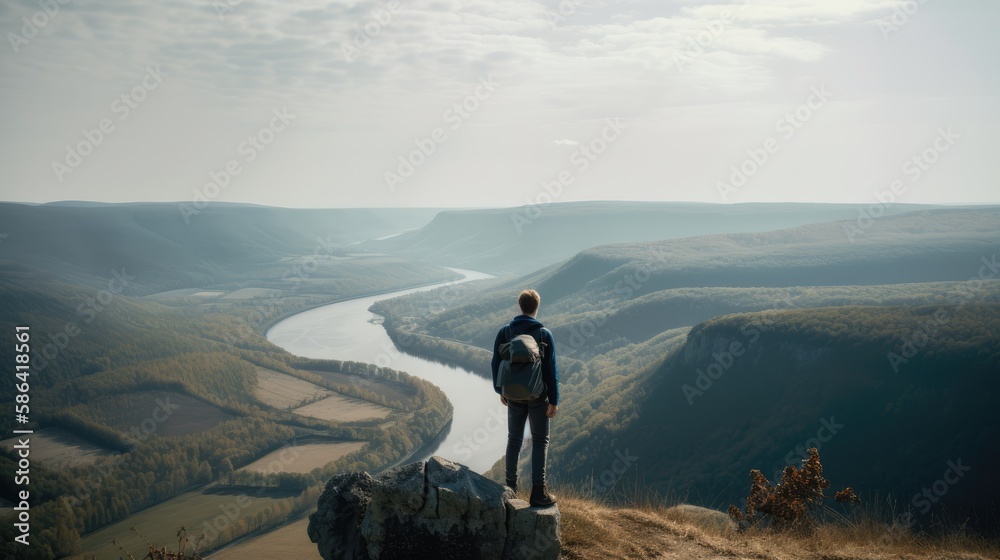 man standing on top of a mountain with a backpack on his back standing at the edge of a cliff looking at the magnificent view. Generative AI