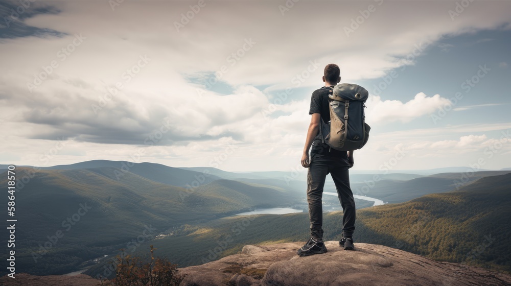 Obraz premium man standing on top of a mountain with a backpack on his back standing at the edge of a cliff looking at the magnificent view. Generative AI