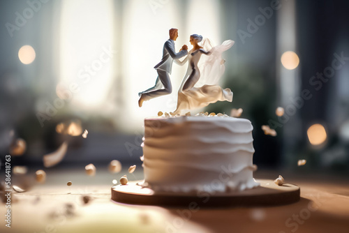 3d model couple of bride and grooom doing activities on the top of wedding cake with blurry bokeh around them. generative AI photo