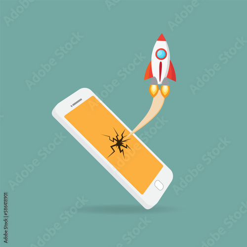 The rocket is attacking the mobile phone. Flat design. Successful startup business concept.