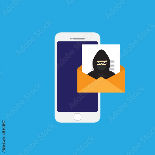 Antivirus application with hacker alerts. spam information on mobile phone screen. Flat vector illustration.
