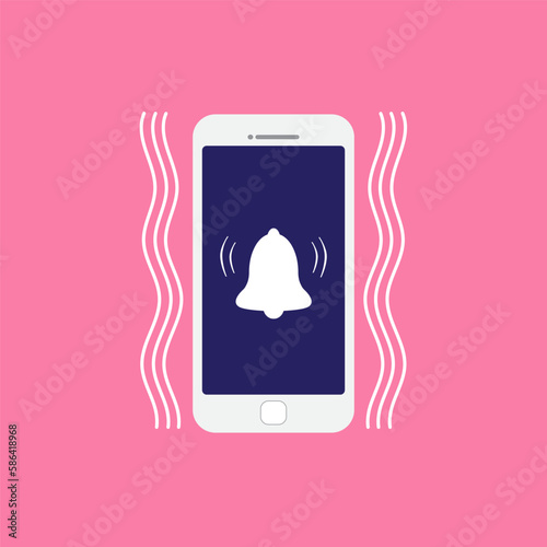 Illustration of mobile phone, gadget in flat style with alarm bell on pink background.