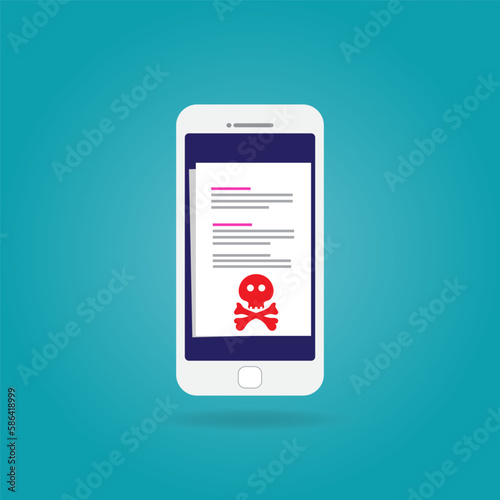 Smartphone and mail with red skull icon. Virus, malware, email fraud, email spam, phishing scam, hacker attack concept. Flat design graphics vector illustration.