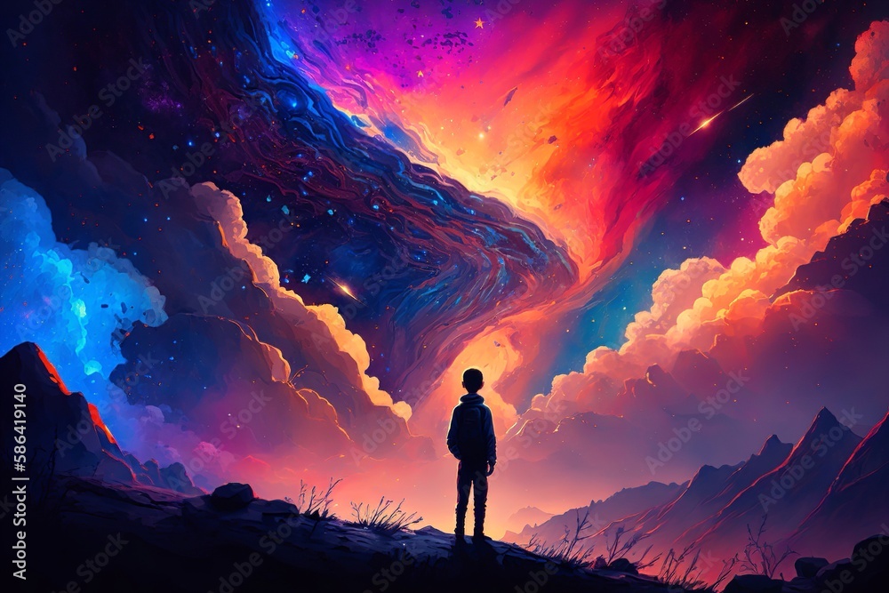 boy looking for a colorful galaxy in the sky. Generative Ai	
