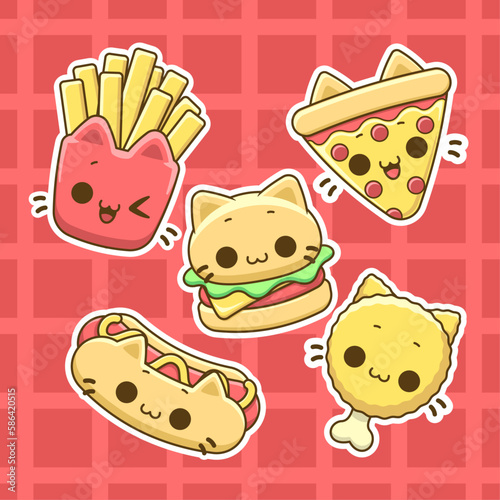 Set de comida rapida, pack de comida rápida kawaii, comida rapida en forma de gato, hamburguesa, pizza, pollo frito, hot dog, papas fritas, vector, ilustracion
