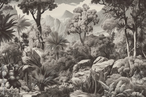Wallpaper Mural Wallpaper oasis forest desert, black and white color, decoration, plants, sky, generative AI. Torontodigital.ca