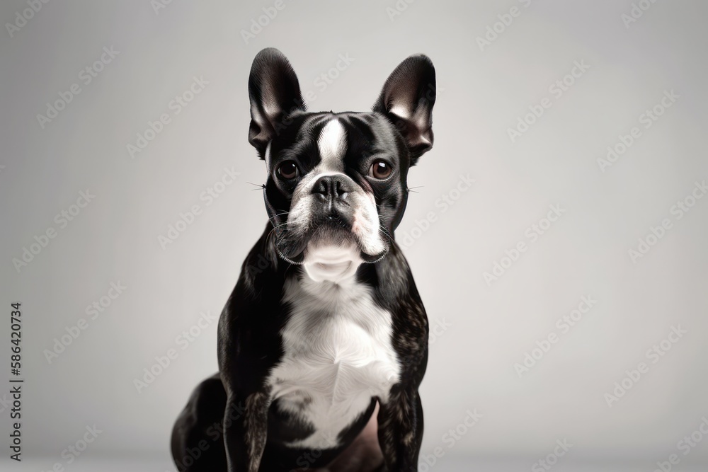 Portrait of a Boston terrier isolated on white backdrop. Generative AI Illustration