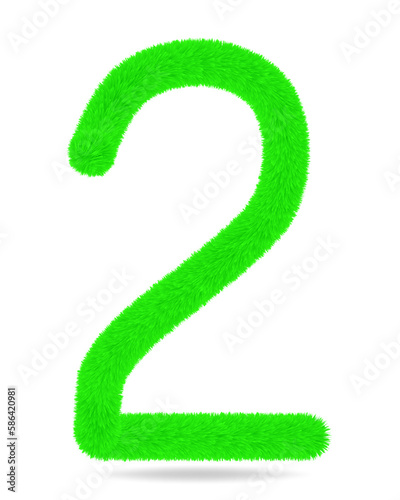 Number 2 in green color cute and furry. White background and shadow.