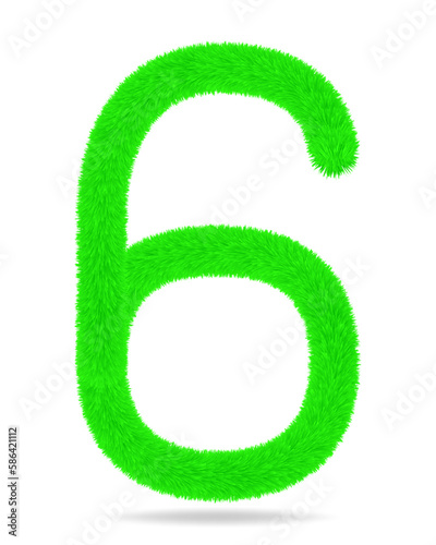 Number 6 in green color cute and furry. White background and shadow.