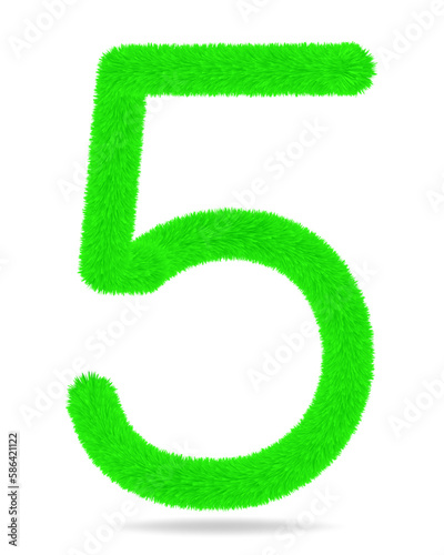 Number 5 in green color cute and furry. White background and shadow.