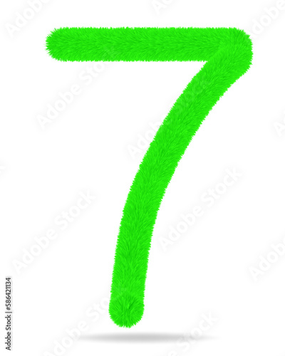 Number 7 in green color cute and furry. White background and shadow.