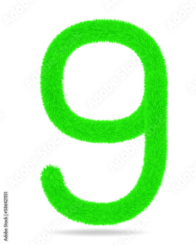 Number 9 in green color cute and furry. White background and shadow.