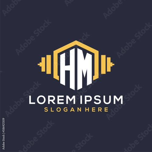 Initial HM logo design for fitness center with creative dumbbell geometric style