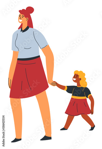 Woman holding girl by hand and walking vector