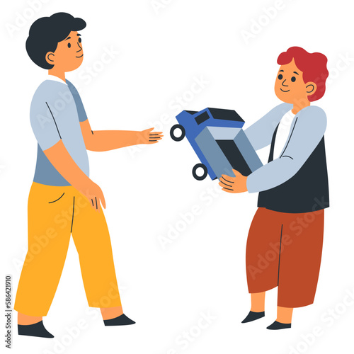 Kid sharing car toy to brother or friend in school