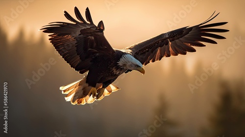 Illustration of an American bald eagle flying in the sky. Generative AI.