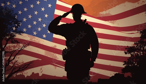 Memorial Day - Illustration of soldier saluting with usa flag, Generative ai