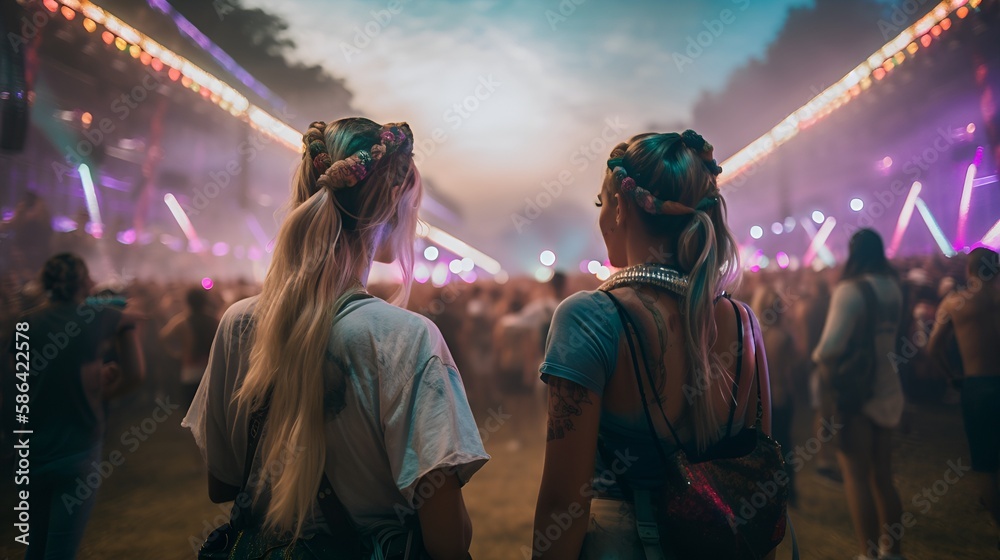Two young women at an EDM music festival - obrazy, fototapety, plakaty 