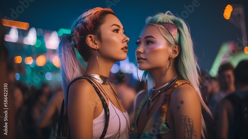 Two young women at an EDM music festival, friends at a rave
