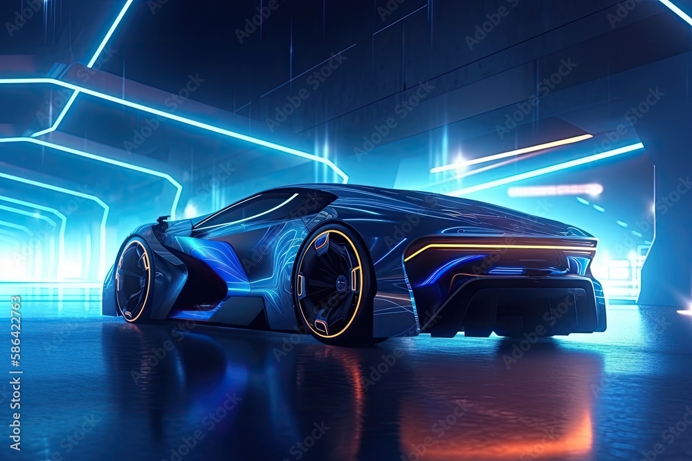 concept generic electric sports car design in electric futuristic style with copy space, mixed digital 3d illustration and matte painting, generative AI