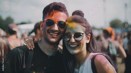 Young couple at an EDM music festival, friends at a rave