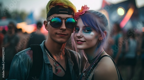 Young couple at an EDM music festival, friend at a rave