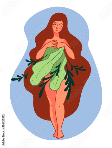 Naked woman covering body with foliage wide leaf