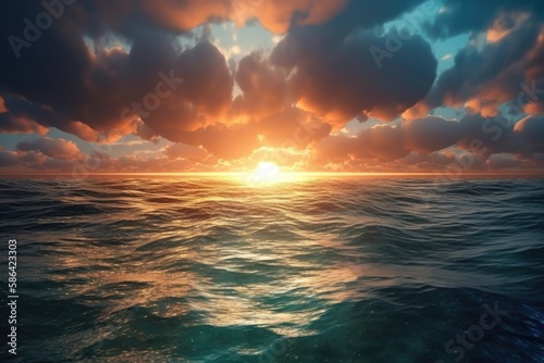 dramatic sunset over a tranquil ocean with billowing clouds. Generative AI