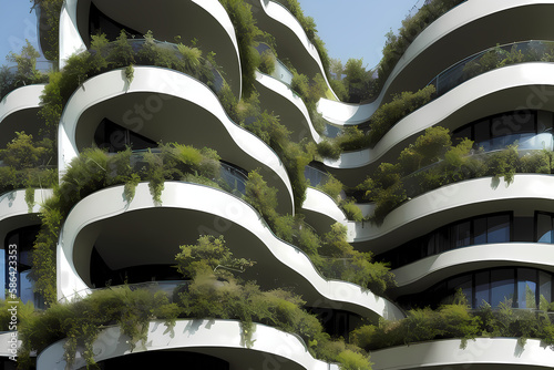 building with balconies full of plants, trees, vegetation, Generative ai