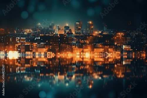 city skyline at night seen from across the water. Generative AI