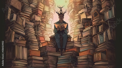 An image of a person sitting on a book throne, with different book spines forming the structure and characters from the stories serving as the courtiers. - Generative AI