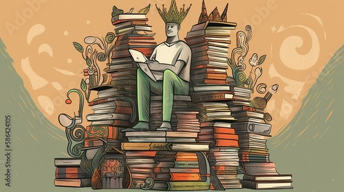 An image of a person sitting on a book throne, with different book spines forming the structure and characters from the stories serving as the courtiers. - Generative AI