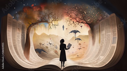 An image of a person standing in front of a giant open book, with different characters and scenes emerging from the pages to form a surreal backdrop. - Generative AI