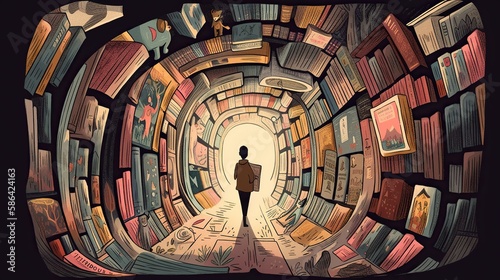 An image of a person walking through a book tunnel, with different characters and scenes emerging from the pages - Generative AI