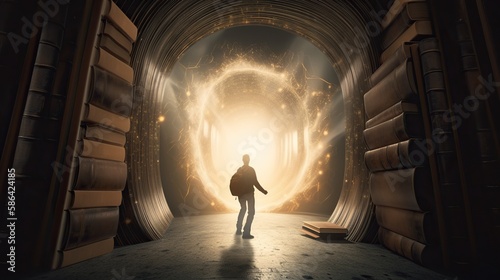 An image of a person walking through a magical portal formed by the pages of a book, entering a world of imagination and wonder - Generative AI