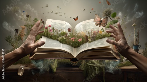 An image of a person's hands holding a book, with a landscape or scene from the story emerging from the pages and surrounding them. - Generative AI