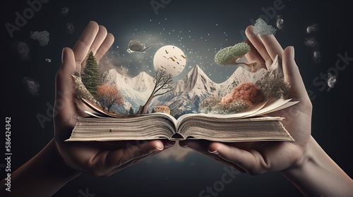 An image of a person's hands holding a book, with different characters and elements forming a surreal journey through various landscapes and settings. - Generative AI