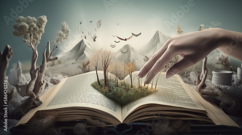 An image of a person's hands holding a book, with different characters and elements forming a surreal dreamscape. - Generative AI © ImageMaster