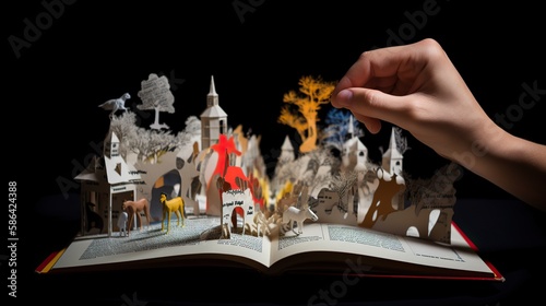 An image of a person's hands holding a book, with different characters and objects coming to life and interacting with the real world. - Generative AI