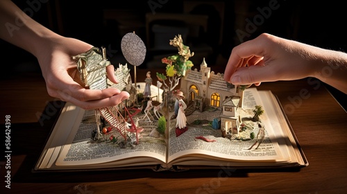 An image of a person's hands holding a book, with different characters and objects coming to life and interacting with the real world. - Generative AI